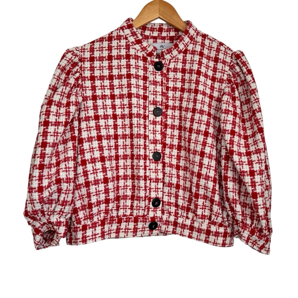 Never A Wallflower Womens Button up Tweed Jacket Sz Medium Red White Puff Sleeve